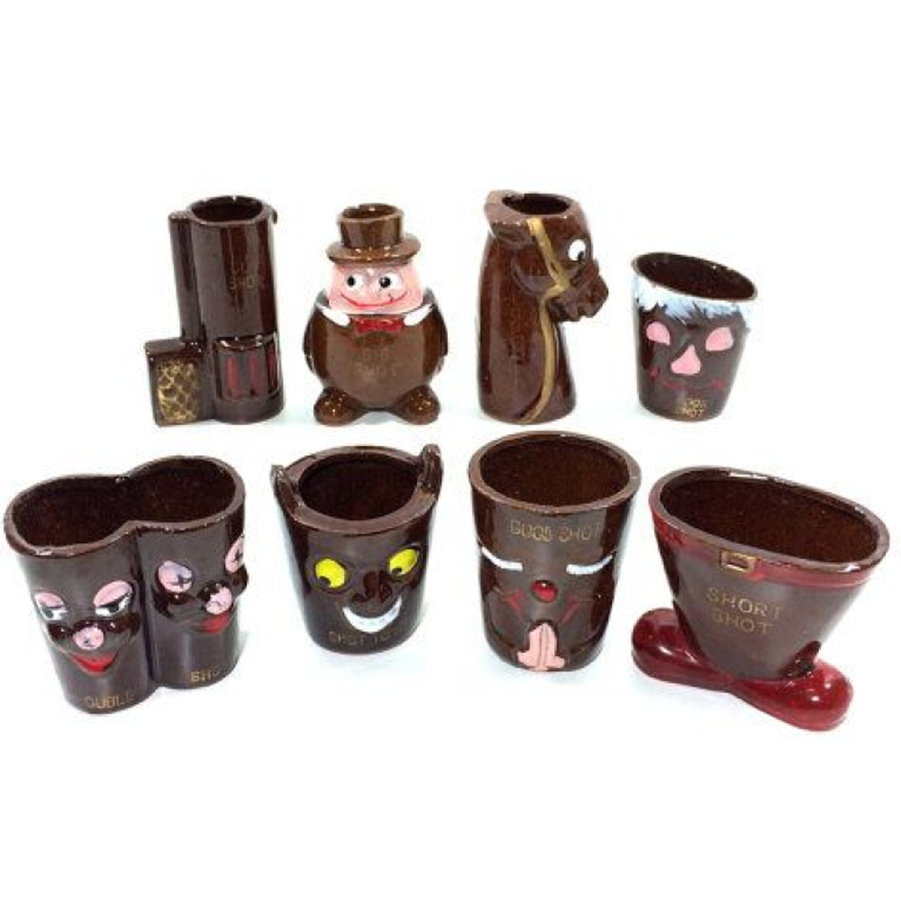 Redware Shot Glass Set 8 Pottery Cartoon Bar Cups Big Shot Longshot Double Shot